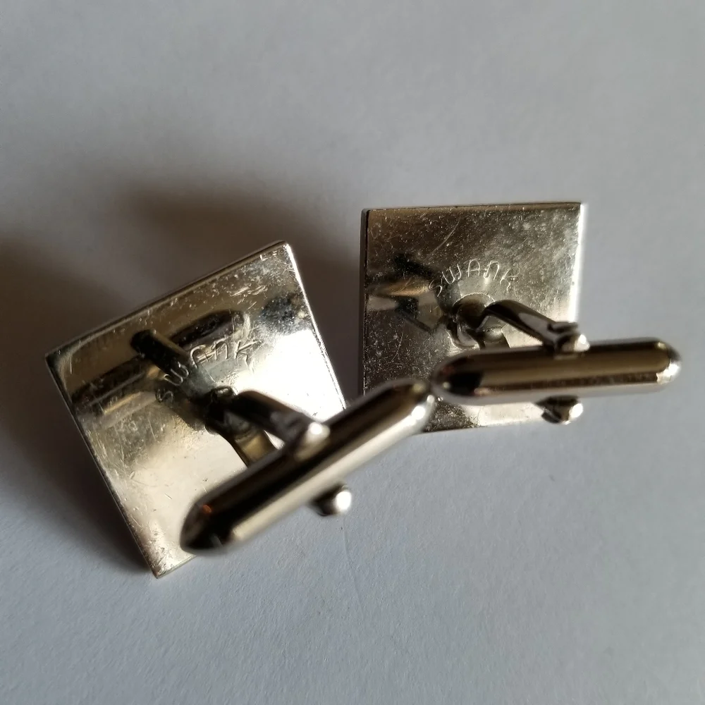 Vintage Swank cuff links silver tone square green stone cufflinks textured men